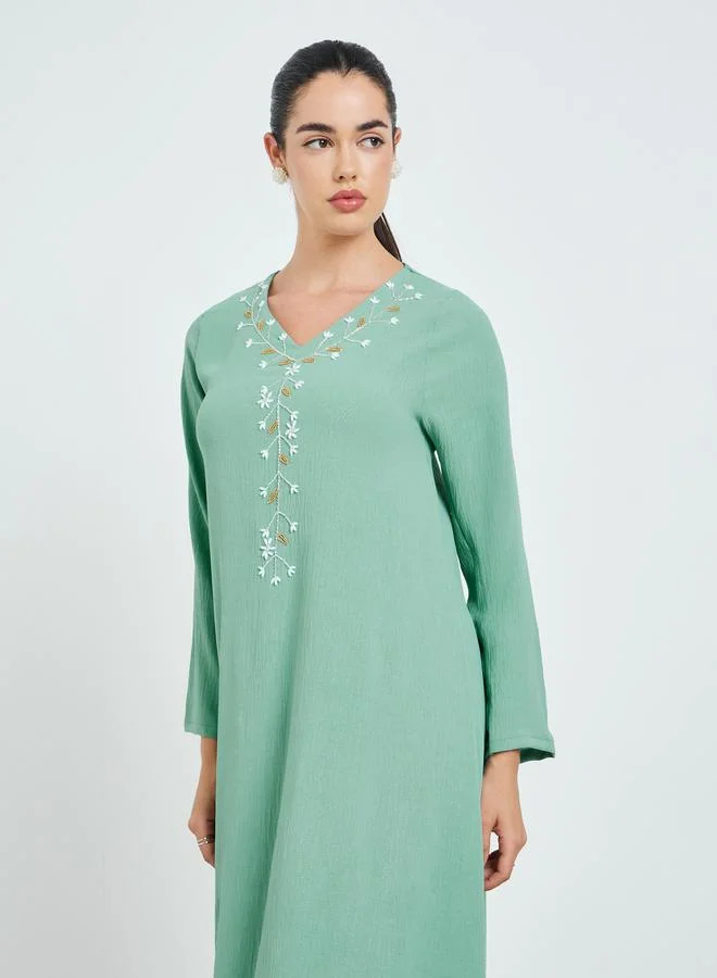Amirah Women Green Embroidered A-Line Jalabiya